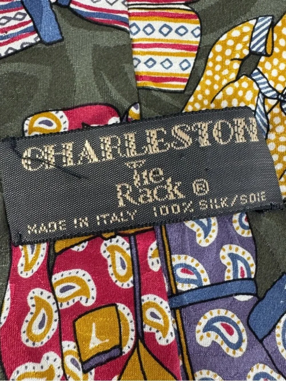 Charleston The Rack Silk Colorful Robes Patterned Necktie Olive Novelty Print